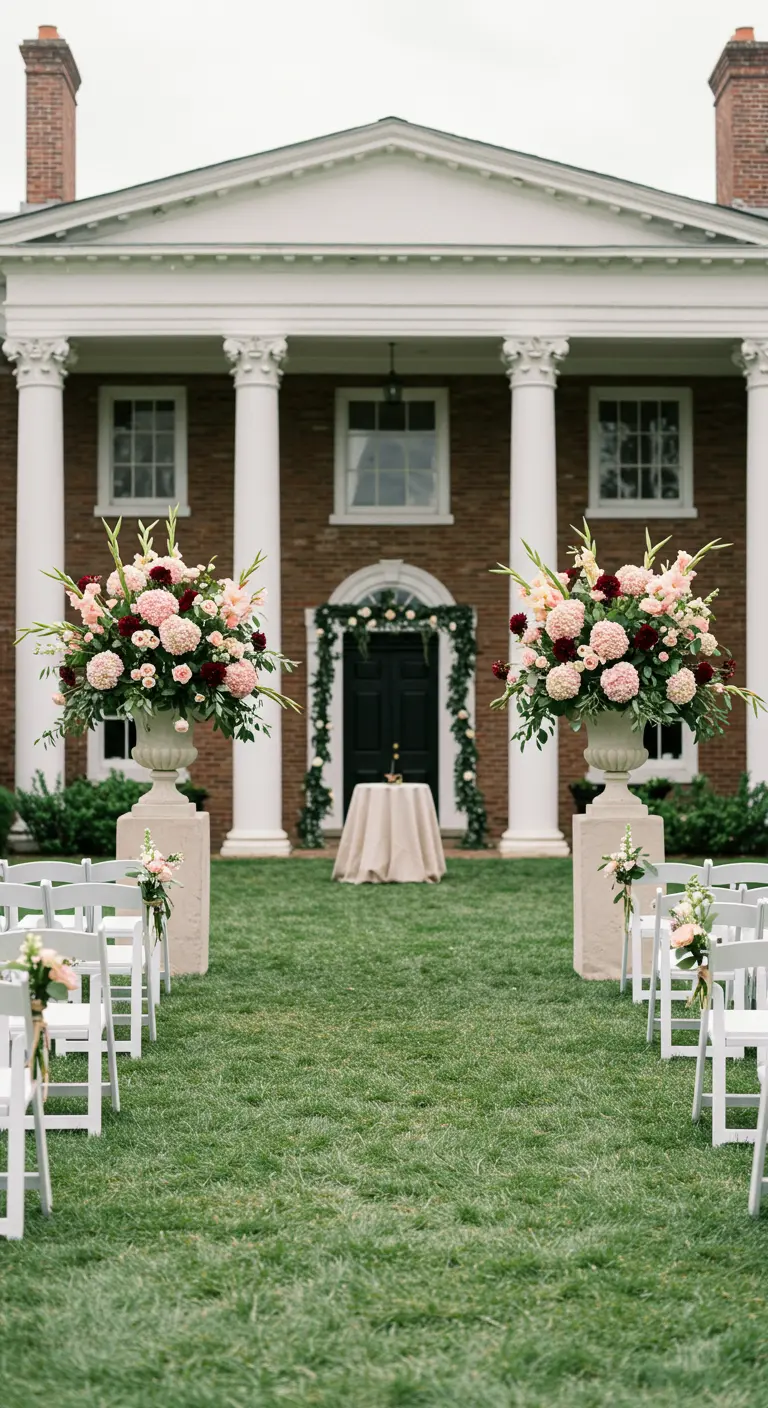 Two large stone urns with massive floral arrangements framing a wedding aisle.