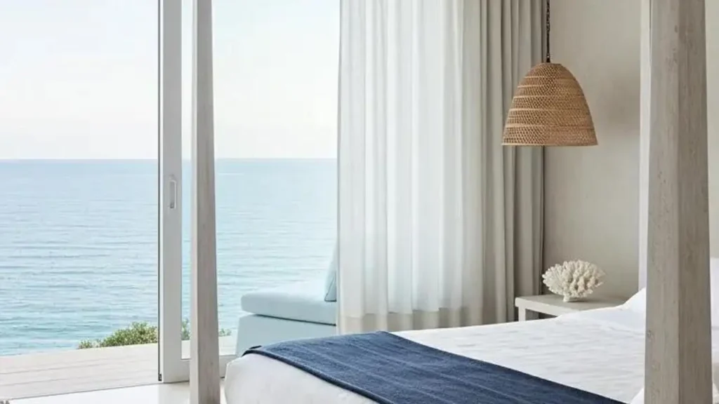 Coastal bedroom with ocean view, breezy drapes, blue bedding, and whitewashed textures.