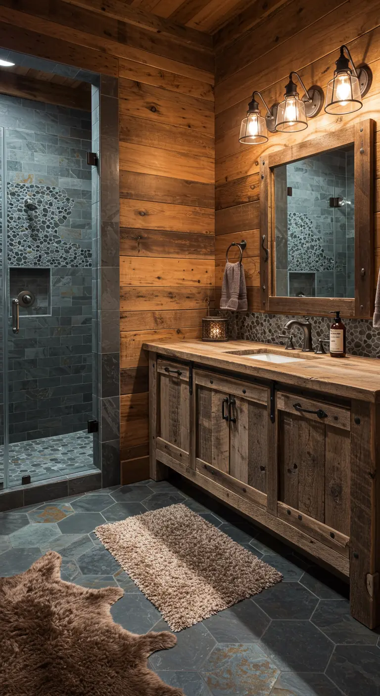 Rustic bathroom with wood-paneled walls, a slate tile shower, and a reclaimed wood vanity.