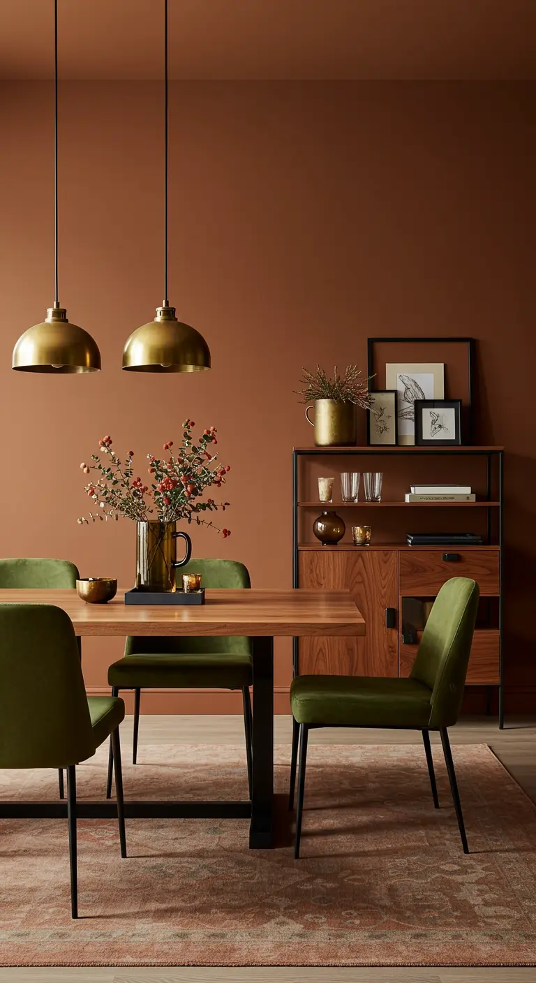 Dining room with terracotta-colored walls, olive green velvet chairs, and twin brass pendants.