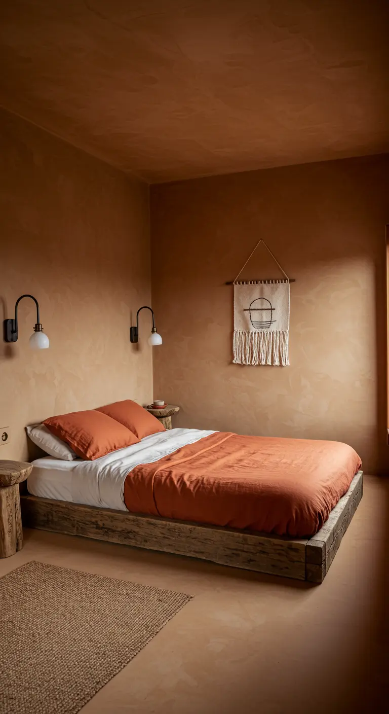 Bedroom fully enveloped in terracotta limewash paint, with a low rustic wood bed.