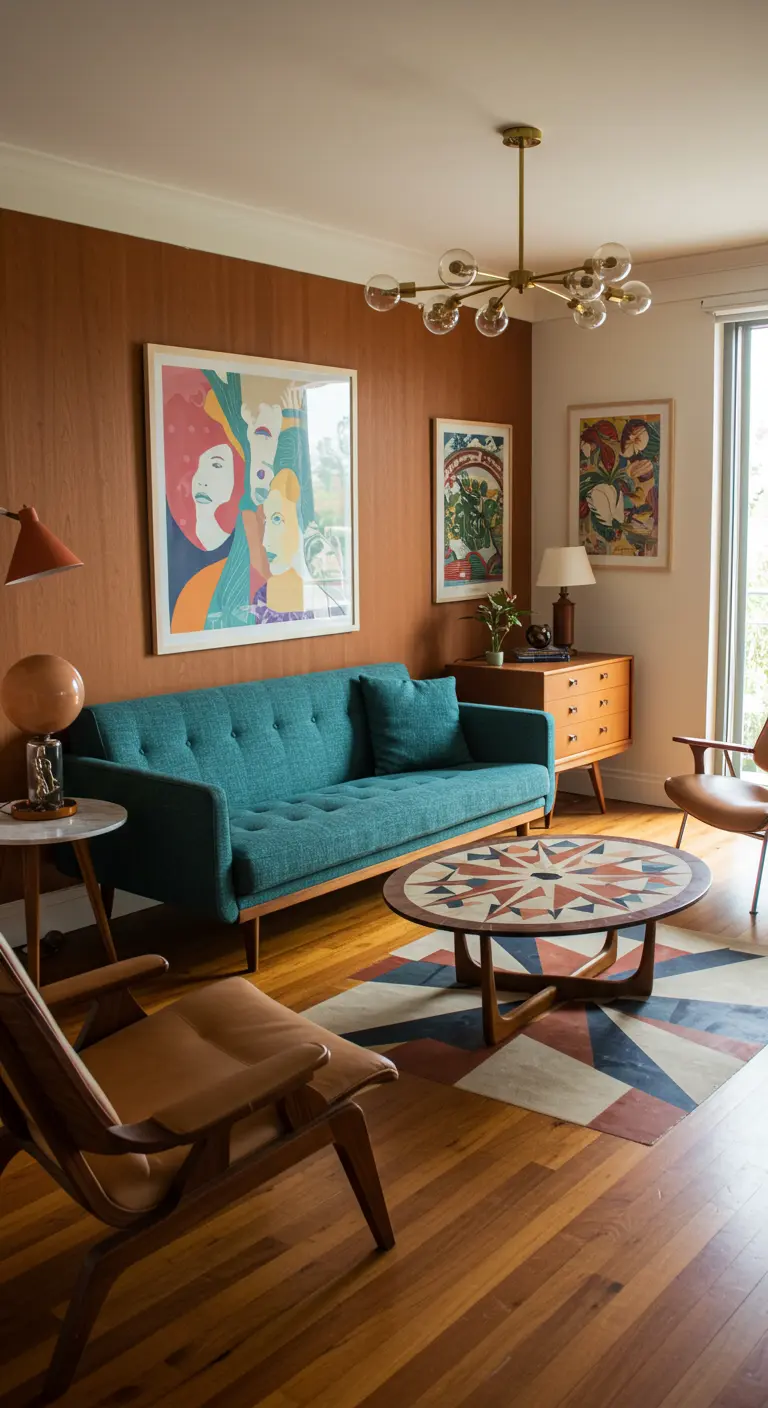 Mid-century modern living room with a teal sofa, wood-paneled wall, and colorful artwork.