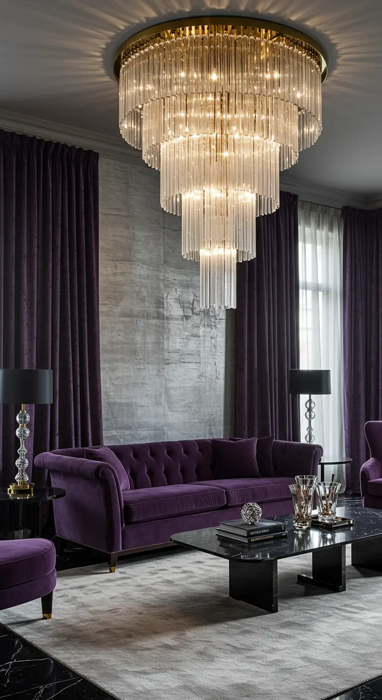 A glamorous living room with a deep purple velvet sofa, matching purple drapes, and a large tiered glass chandelier.