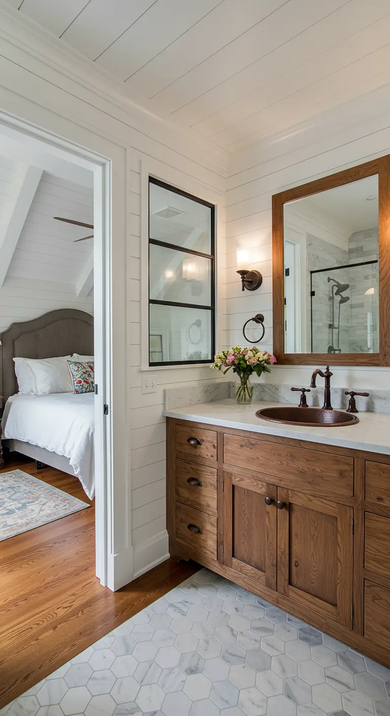 Farmhouse bathroom with an interior window looking into the bedroom.