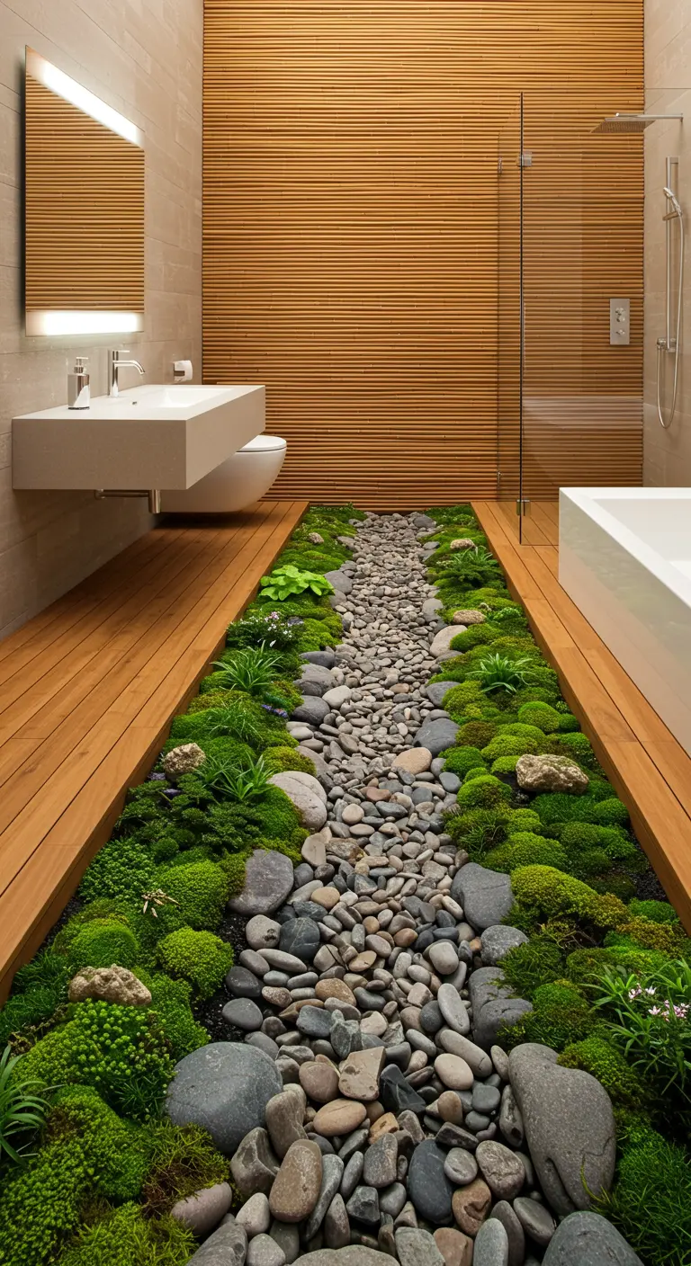 A bathroom with a central recessed channel filled with moss and stones, like a dry riverbed.