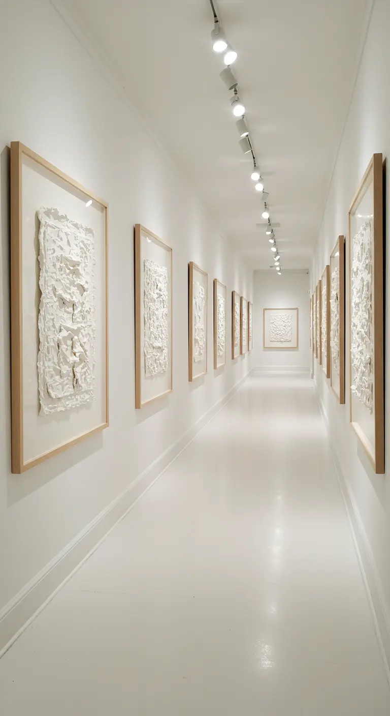 A long white hallway lined with framed, textured white art under track lighting.