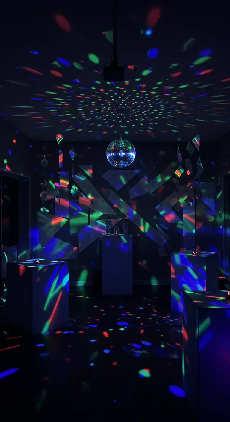 A dark room is lit by a disco ball, casting colorful rainbow lights everywhere.