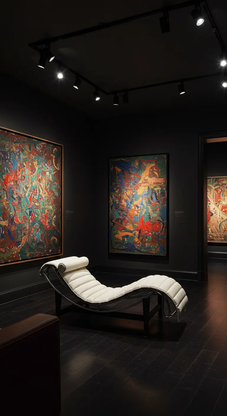 A white leather chaise sits in a black-walled room, lit by track lights like an art gallery.