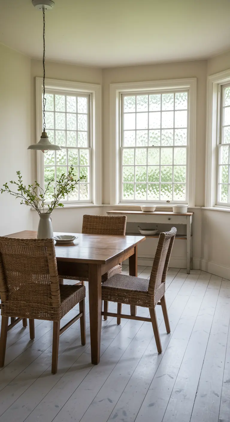Simple dining corner with a wood table, woven chairs, and pebble glass windows.