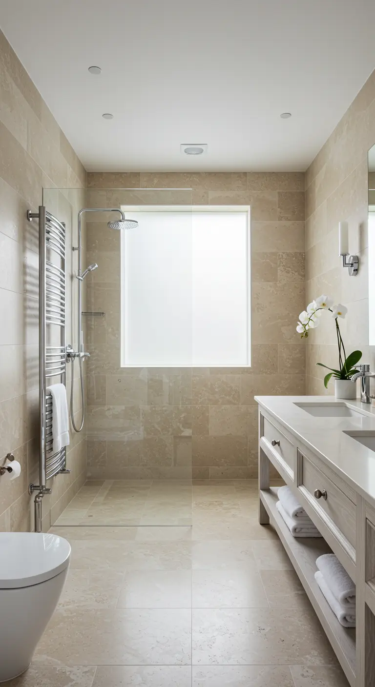 Light-filled bathroom with travertine tiles, a glass shower, and a white oak vanity.