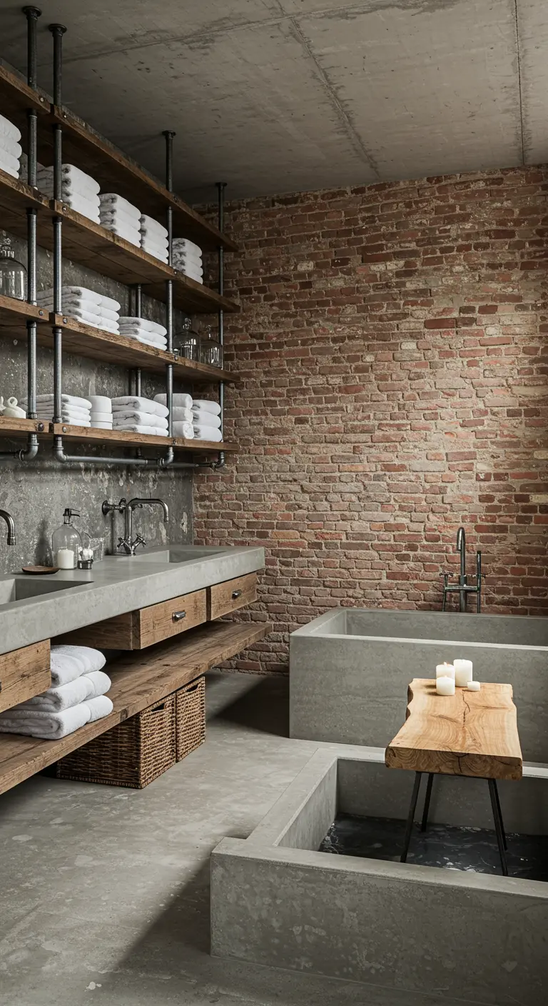 A large, spa-like bathroom with concrete sunken tubs, exposed brick, and extensive wooden shelving.
