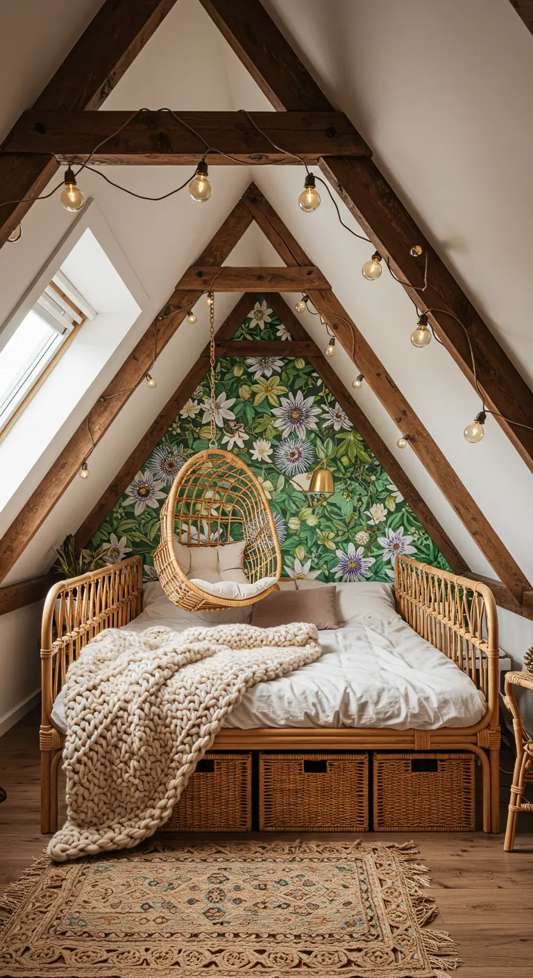 Cozy attic bedroom with a floral accent wall, a hanging rattan chair, and exposed beams.