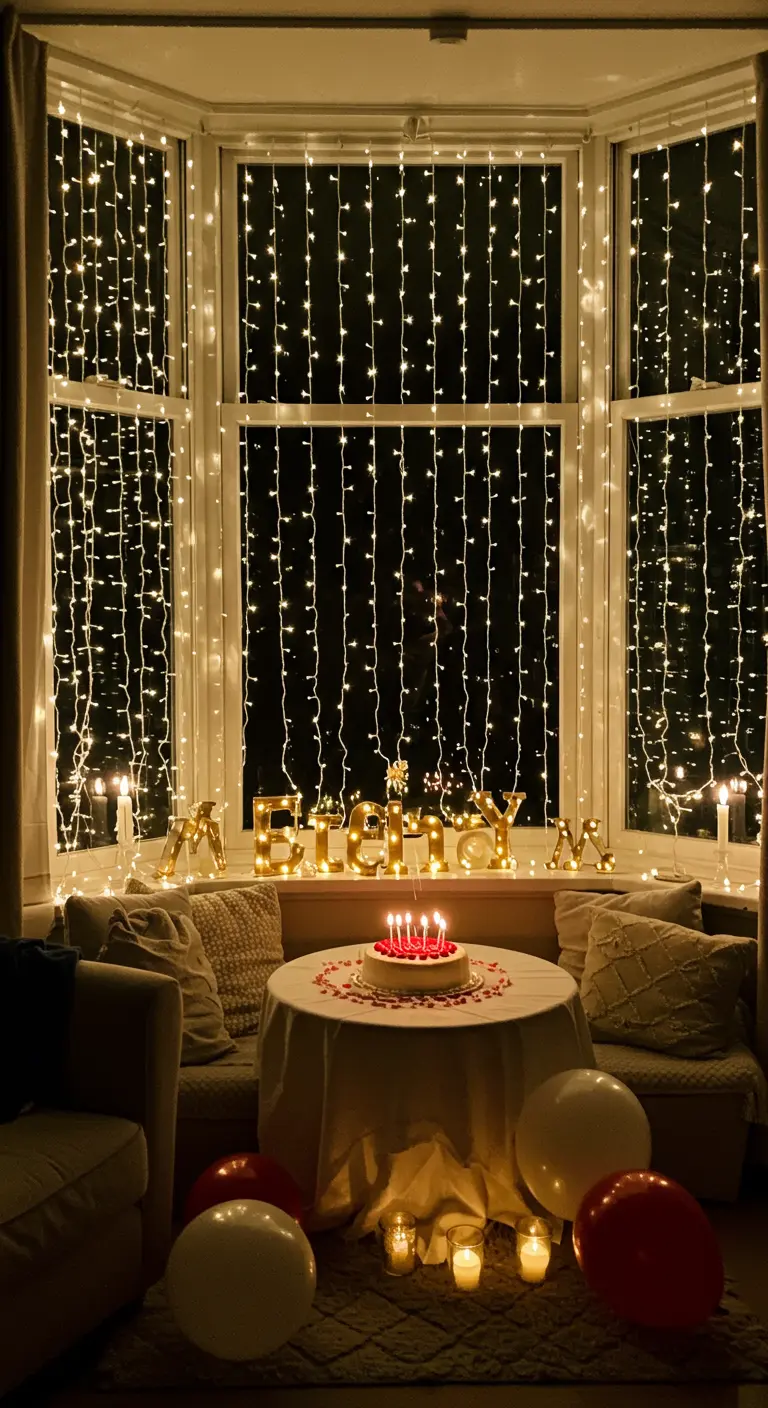 A bay window filled with cascading strings of warm fairy lights, with a small birthday table in front.