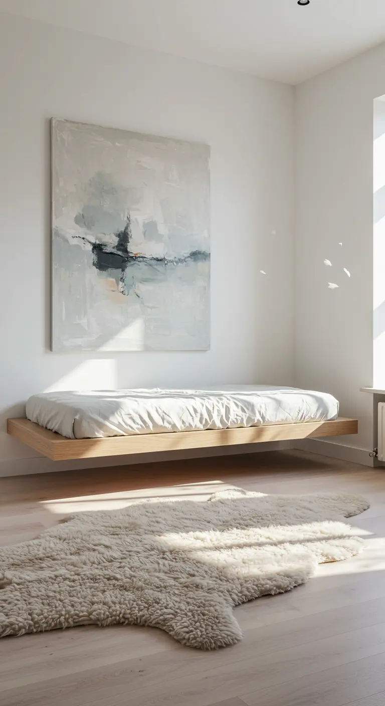 Minimalist bedroom with a light wood floating bed and large abstract painting.