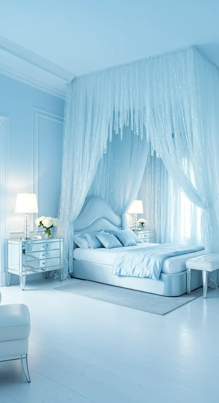 An icy blue bedroom with a sheer fabric canopy draped over the entire bed.