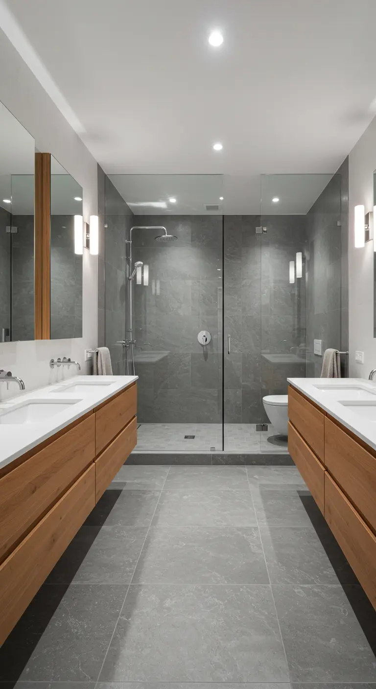 Symmetrical bathroom with two oak vanities on either side of a glass shower.