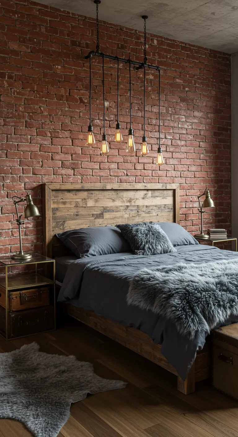 Industrial bedroom with a red brick wall, grey bedding and rugs, and a pipe light fixture.