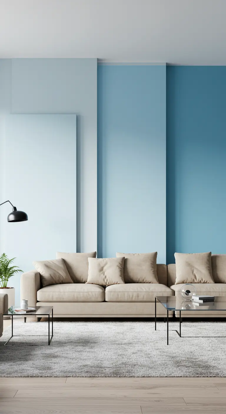 A beige sofa against a wall with layered panels painted in varying shades of blue.
