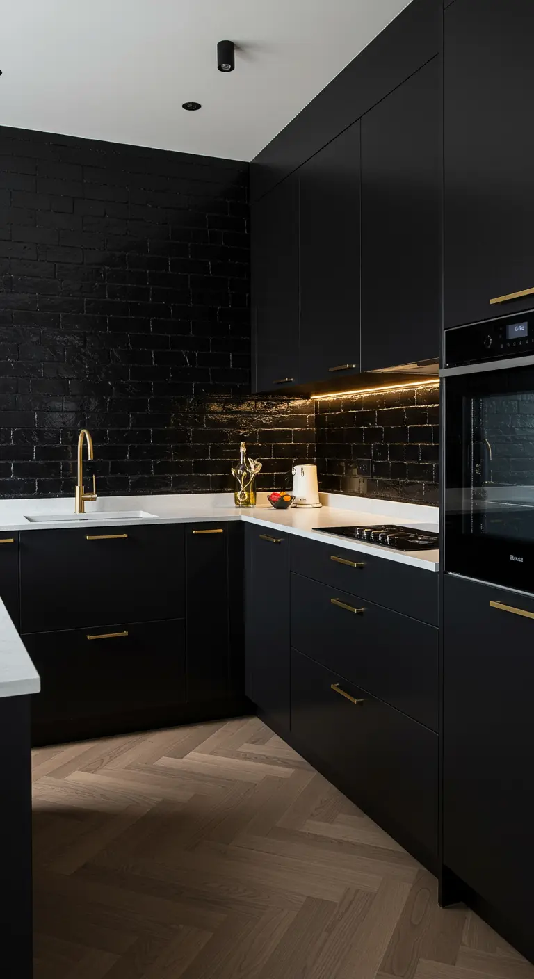A modern kitchen with matte black cabinets and a glossy black subway tile brick backsplash.