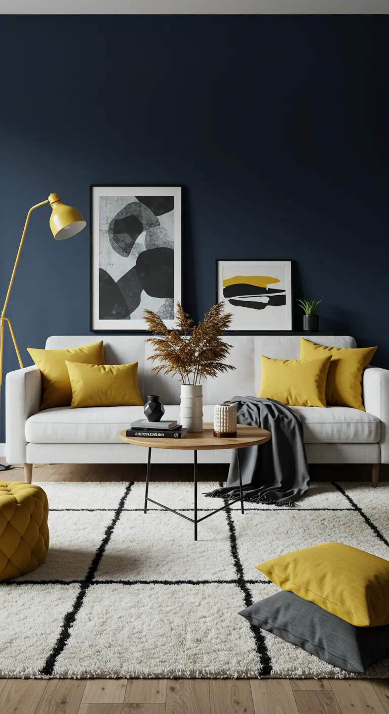 White sofa and mustard pillows set against a dramatic, dark navy blue accent wall.