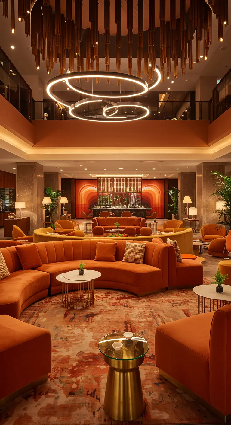 A large, luxurious hotel lobby filled with multiple curved orange sectional sofas.