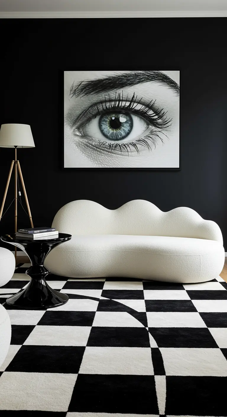 Surrealist living room with a cloud-shaped sofa, a giant eye artwork, and a checkerboard rug.