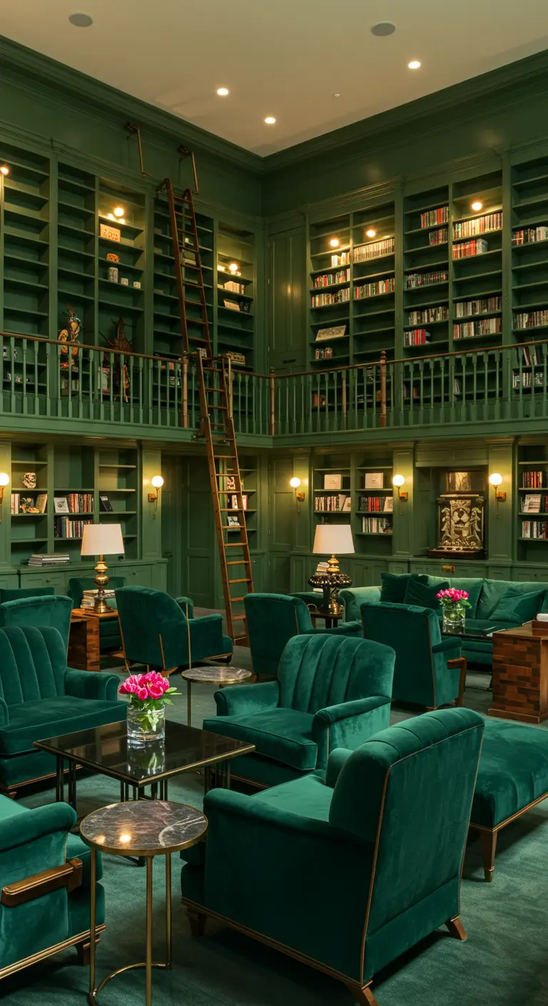A grand two-story library filled with emerald green bookshelves and multiple matching velvet armchairs.