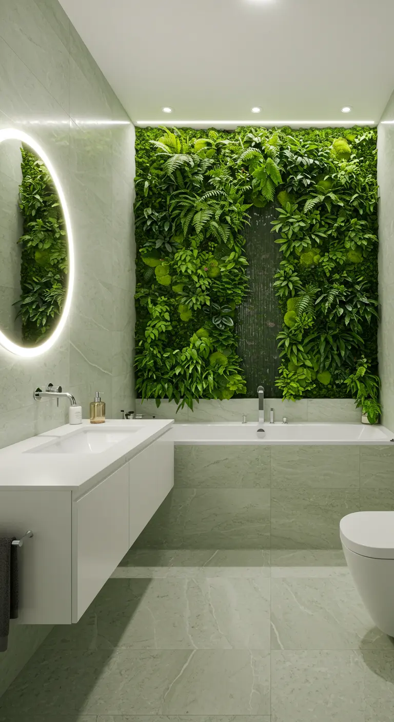 A bathroom with a lush, green living wall behind the bathtub and a sleek white vanity.