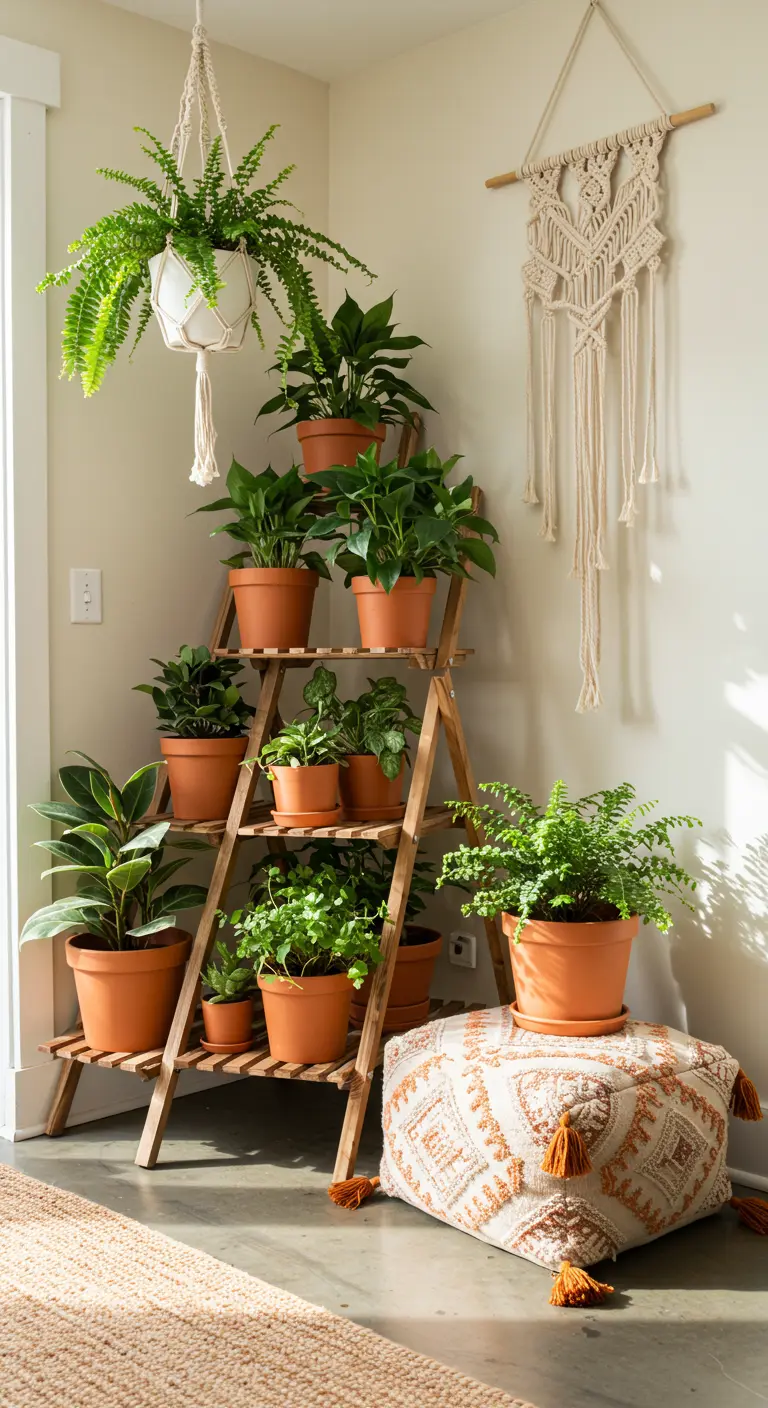 A-frame ladder shelf holding numerous terracotta pots with various green houseplants in a corner.