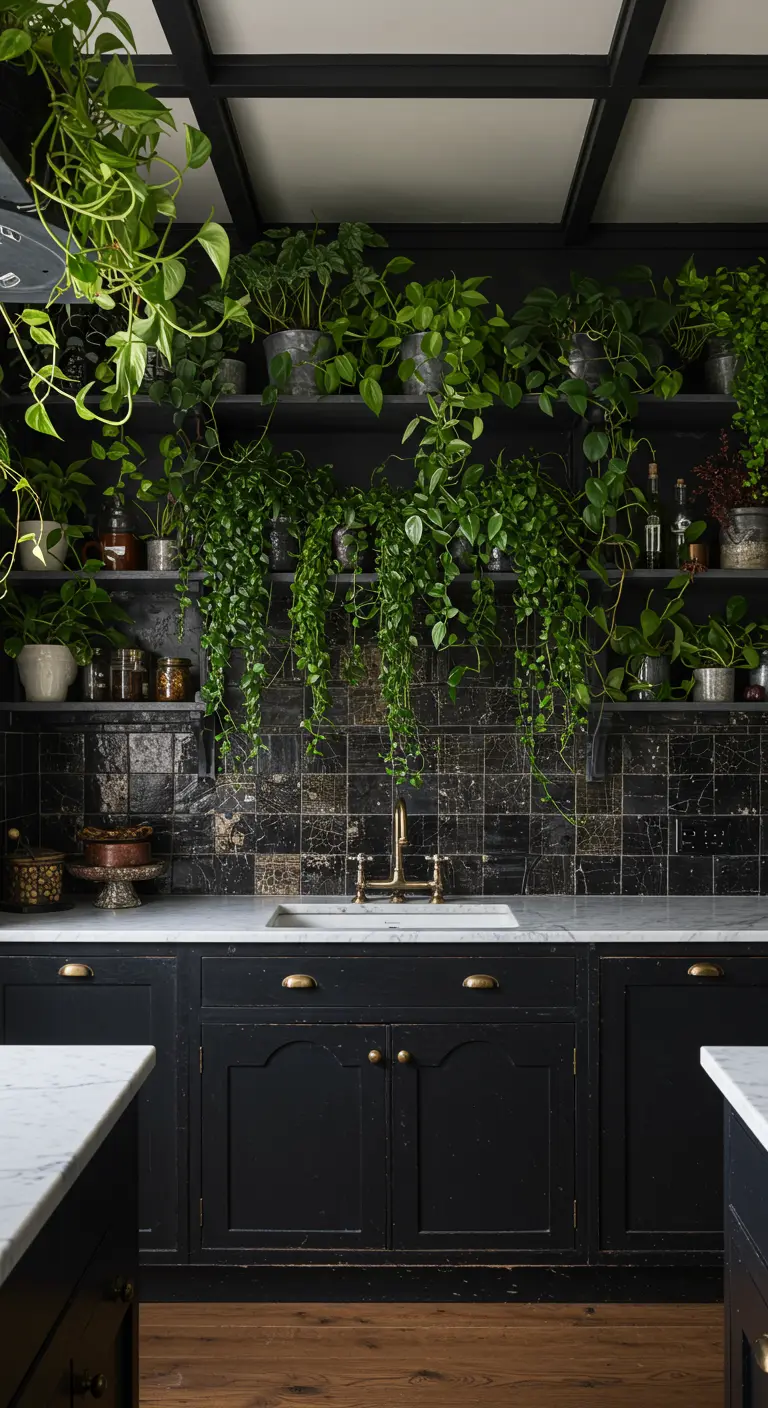 Black kitchen with dark tiles and white marble, overflowing with lush green plants on shelves.