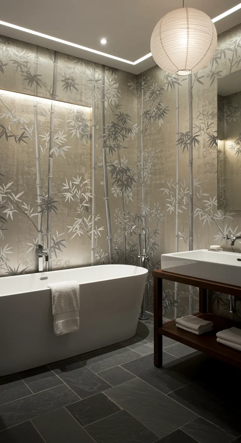 Serene bathroom with gray bamboo Chinoiserie wallpaper and a dark slate floor.