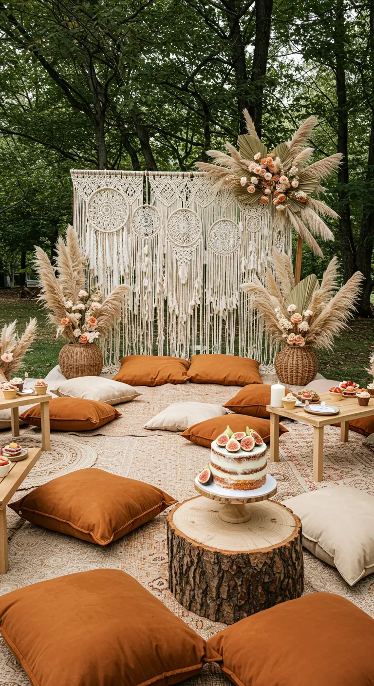 Boho woodland picnic with a macrame backdrop, terracotta pillows, and a fig-topped cake.