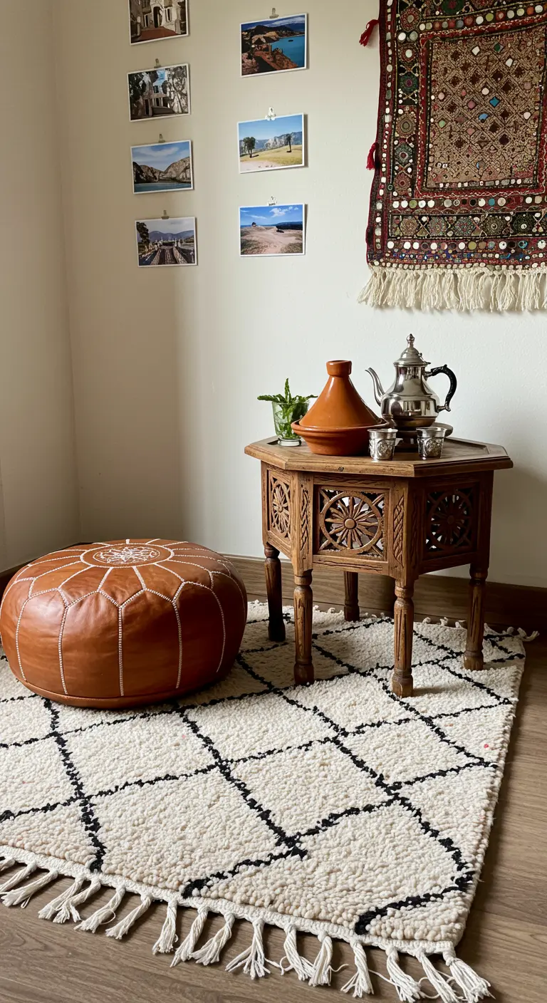 A Moroccan-style corner with a leather pouf, carved wood table, and a traditional tea set.