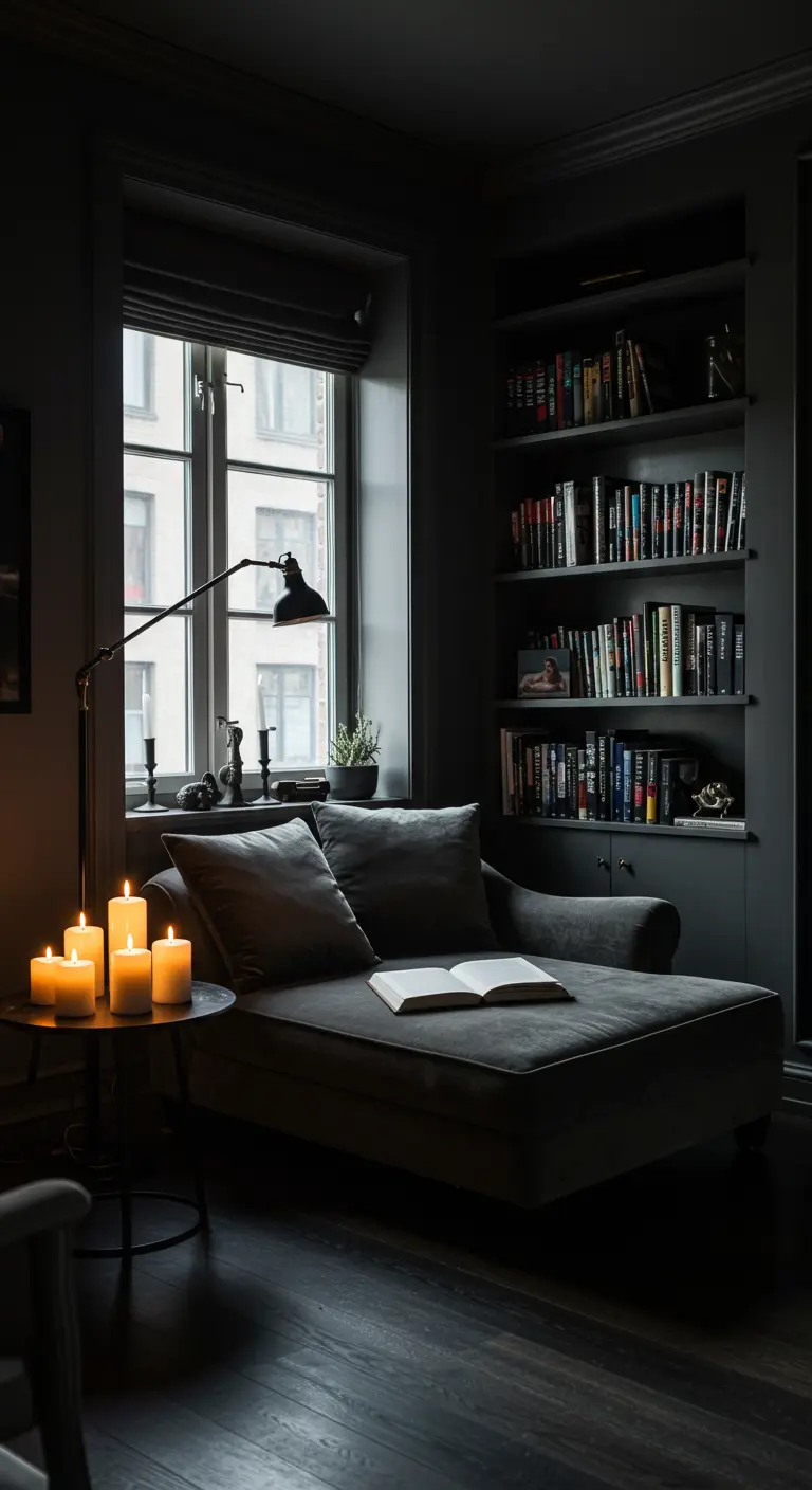 A charcoal velvet chaise lounge in a reading nook with bookshelves and warm lamp light.