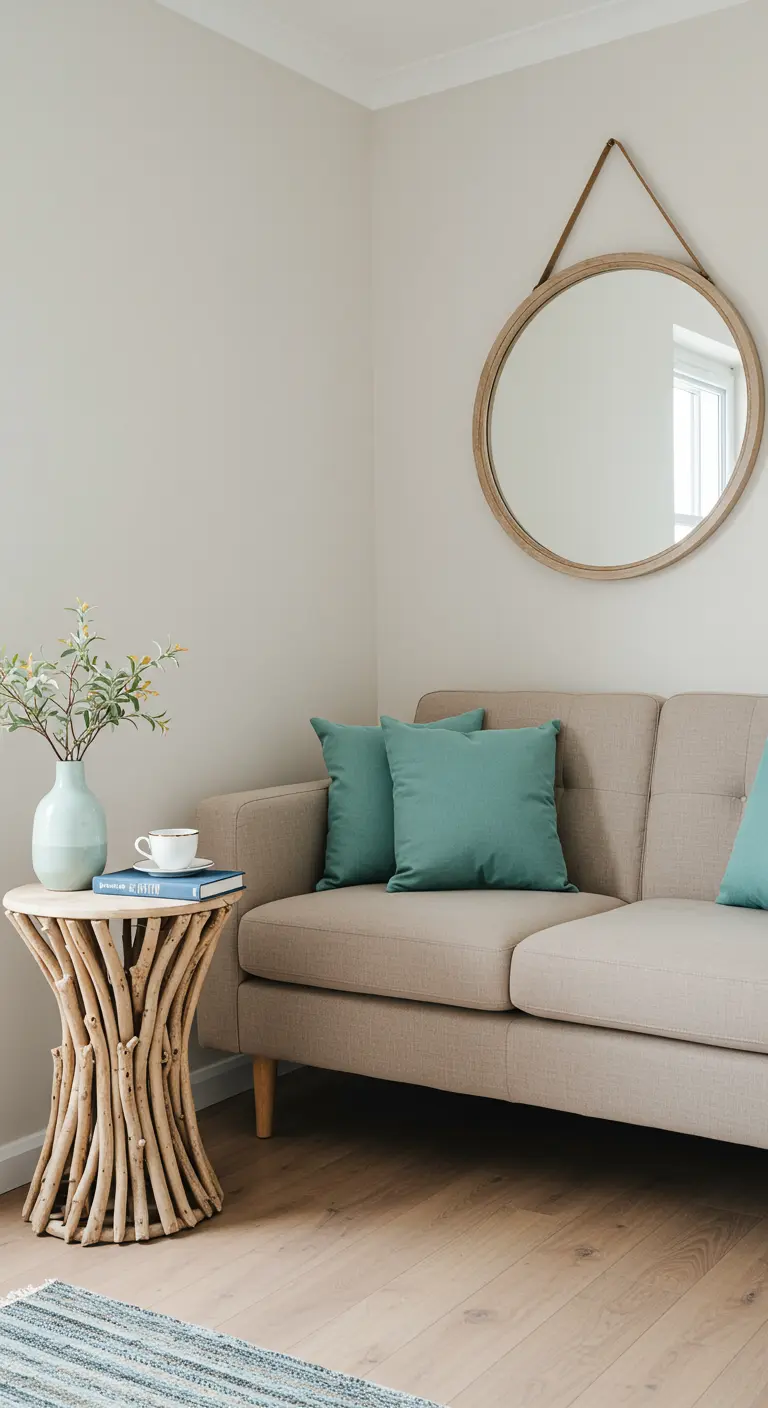 A cozy corner with a beige loveseat, aqua pillows, and a side table made of bundled driftwood sticks.