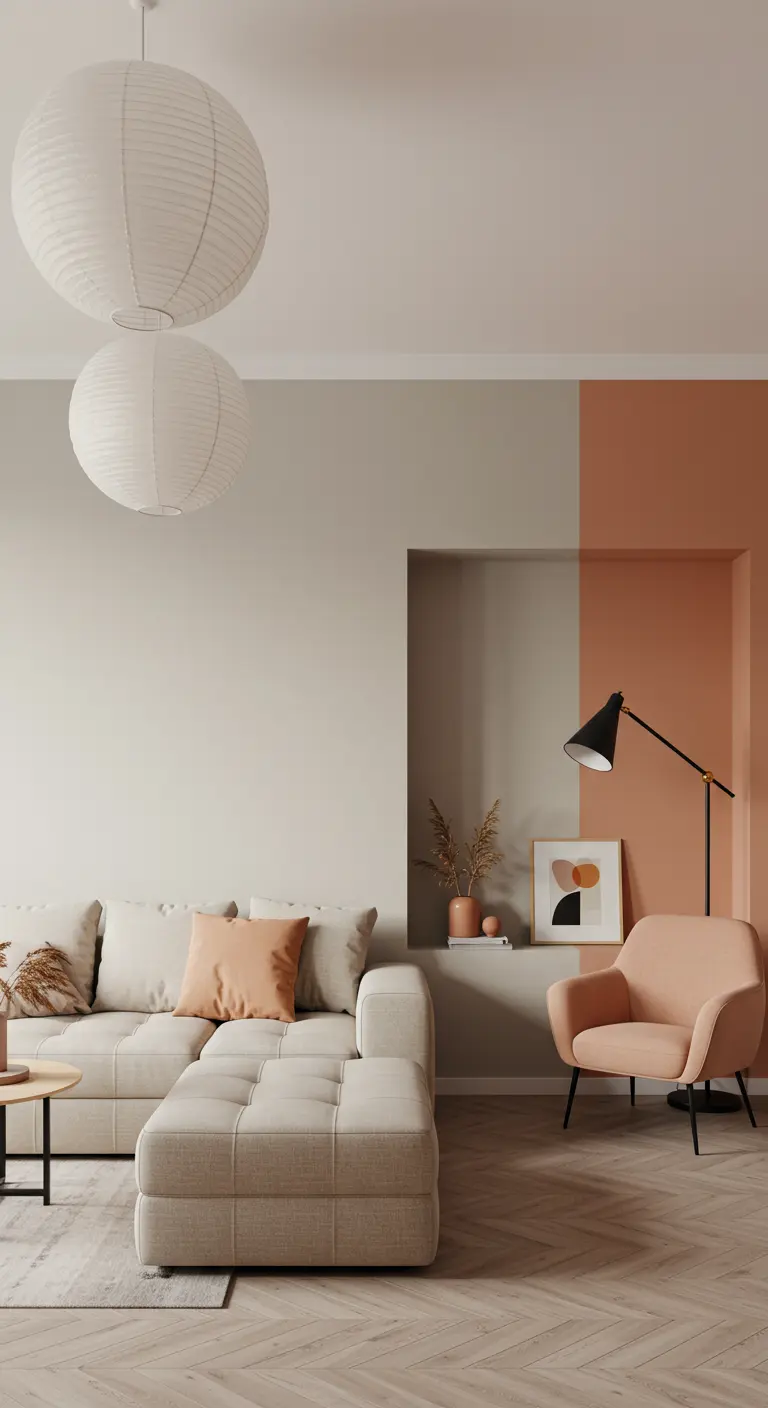 A built-in wall nook painted terracotta, beside a cream tufted sectional and a pink chair.