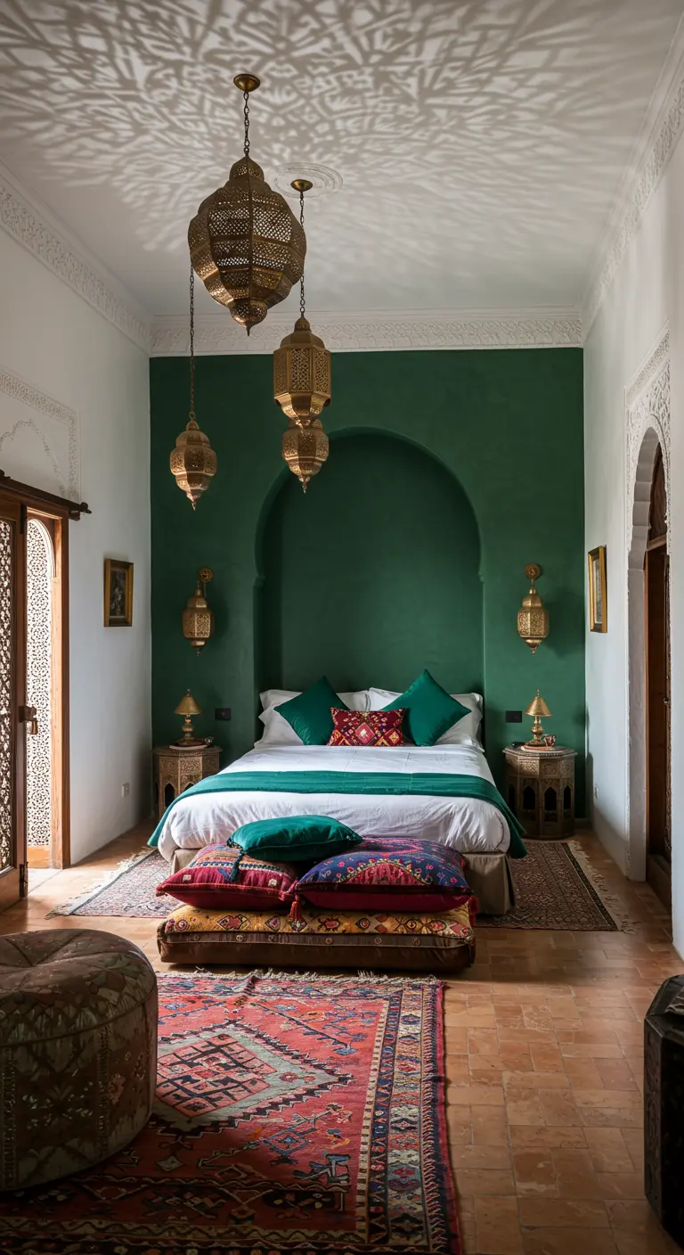 Moroccan bedroom with a deep green arched niche, brass lanterns, and colorful textiles.