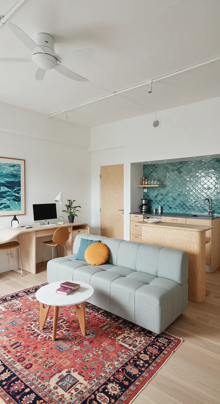 Studio apartment with a kitchen nook featuring a green fish-scale tile backsplash.