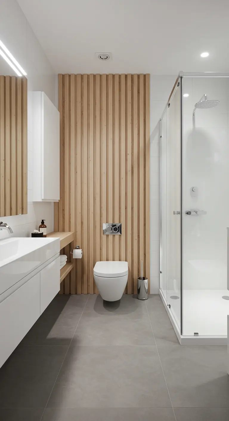 White bathroom with a vertical wood slat accent wall.
