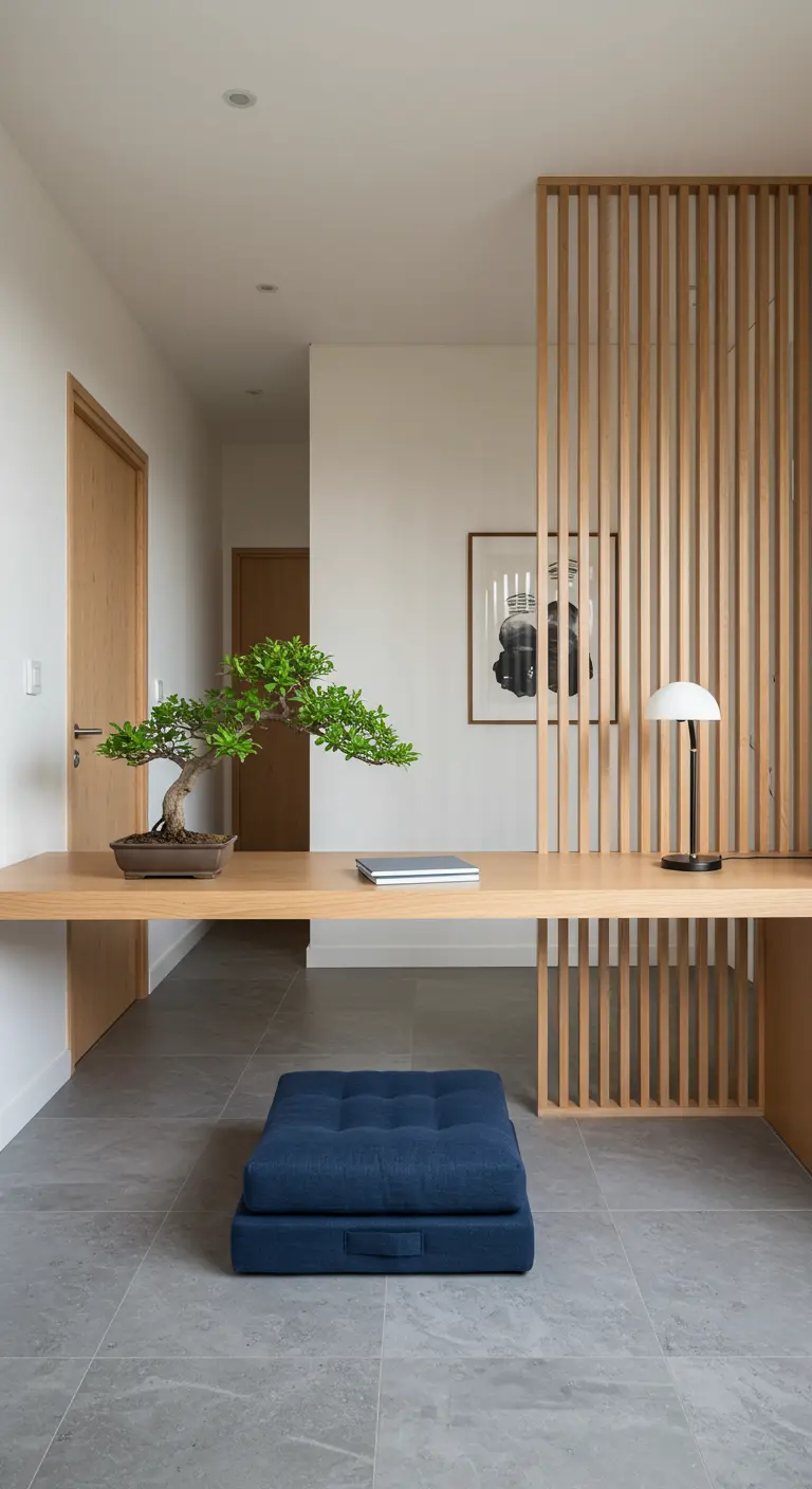 A light wood desk integrated into a slatted wood divider with a bonsai tree.