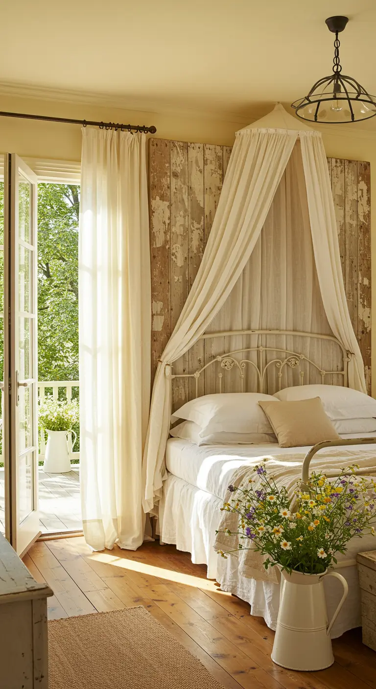 Bedroom with a distressed, peeling-paint wood accent wall behind a white iron bed with a canopy.