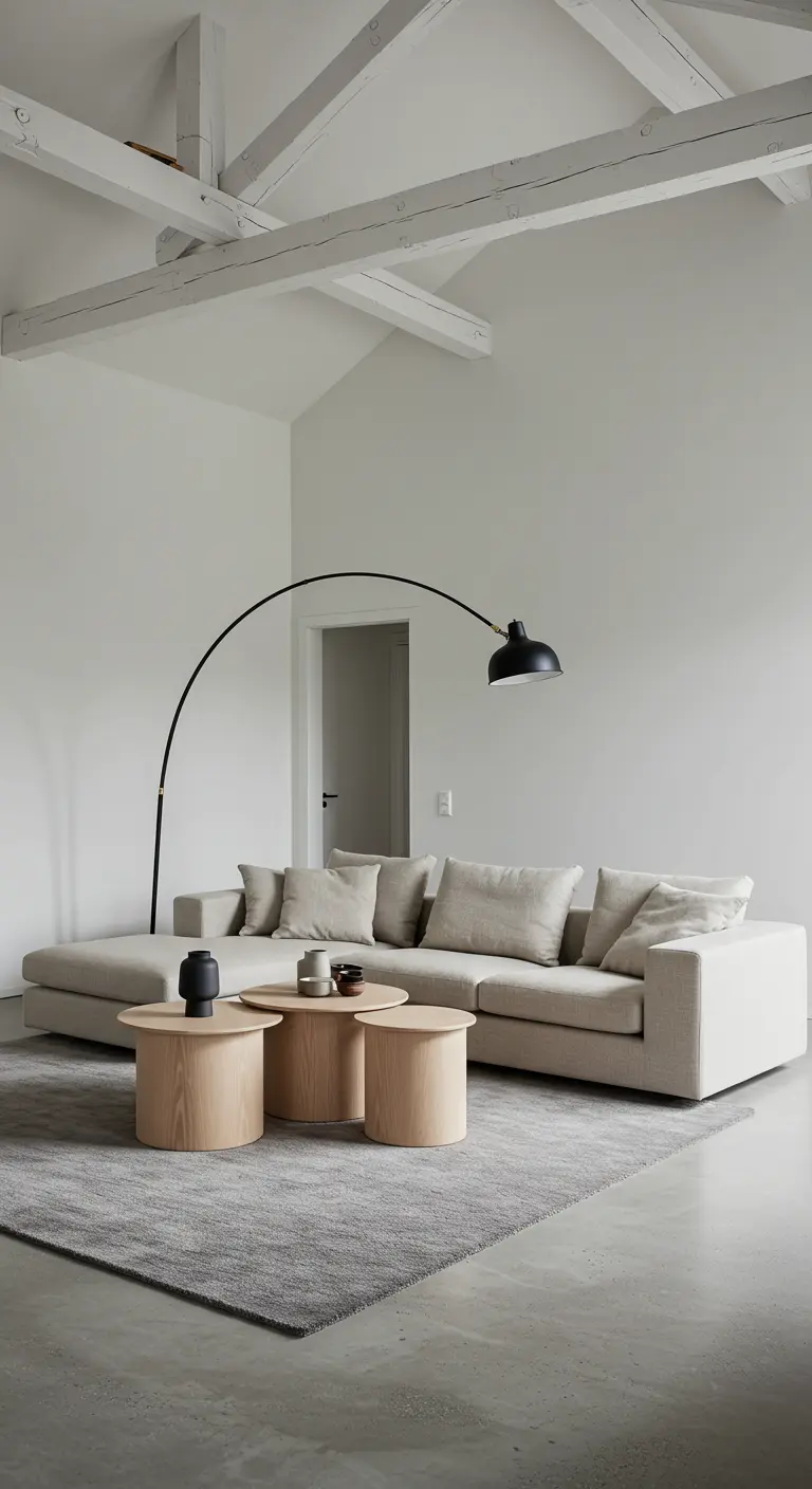 A large black arc floor lamp curves over a light-colored sectional sofa in a minimalist space.