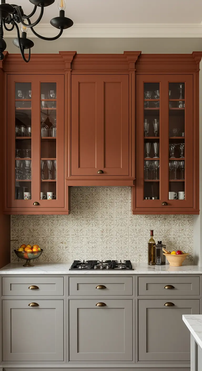 Kitchen with terra cotta upper cabinets and light grey lower cabinets.