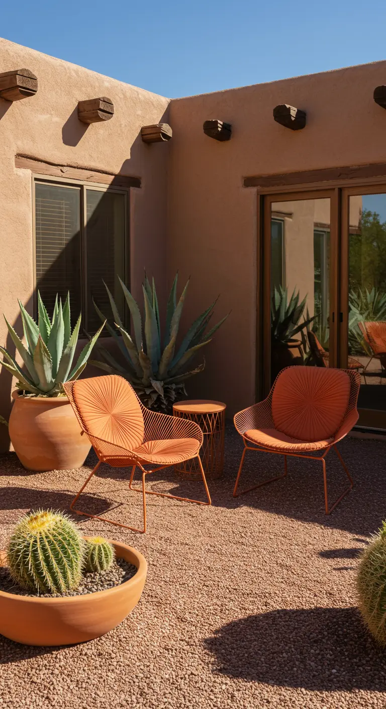Terracotta-colored wireframe chairs and cushions on a gravel patio against an adobe wall with large cacti.