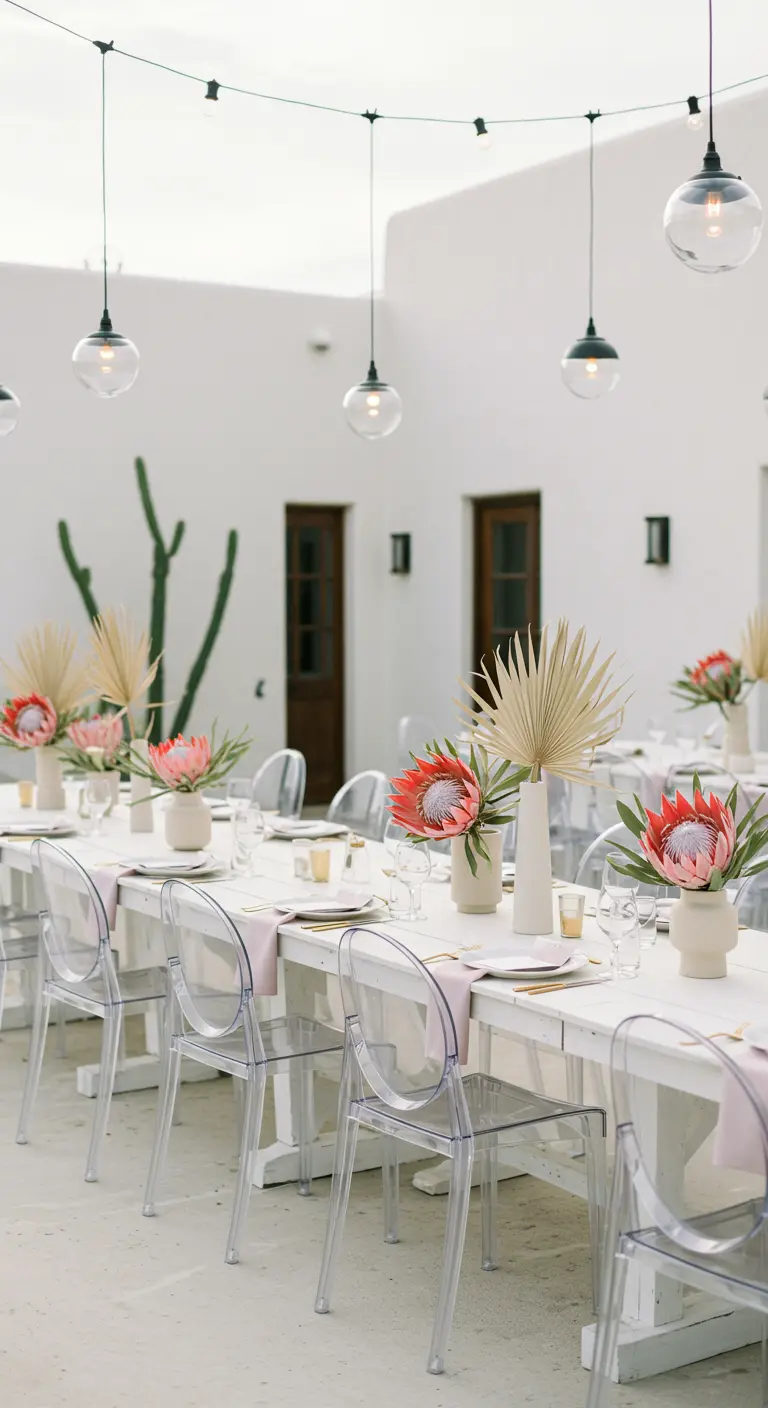 Modern desert tablescape with white tables, ghost chairs, and protea flowers.