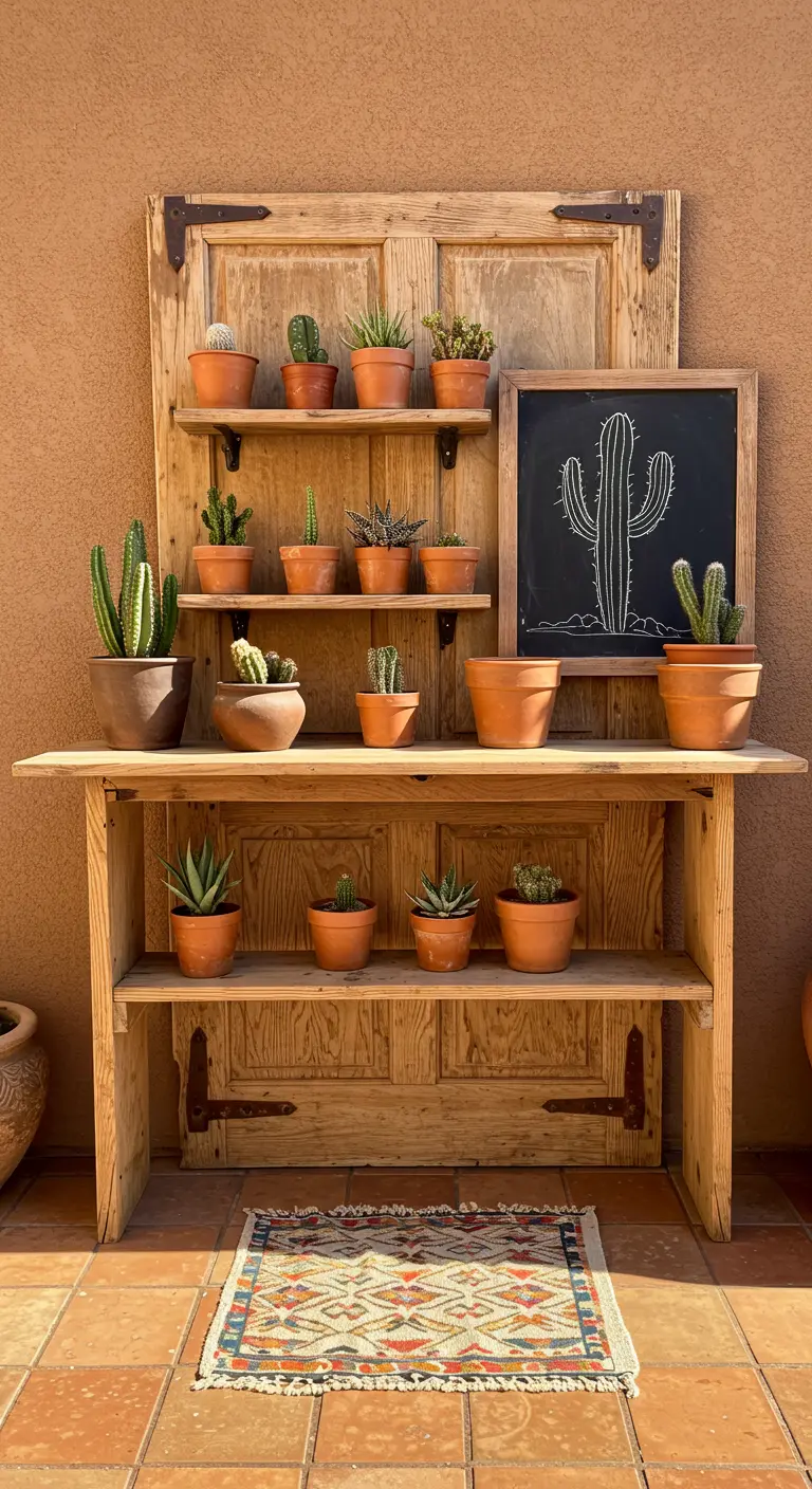 A natural wood potting station displaying a collection of cacti and succulents in terracotta pots.