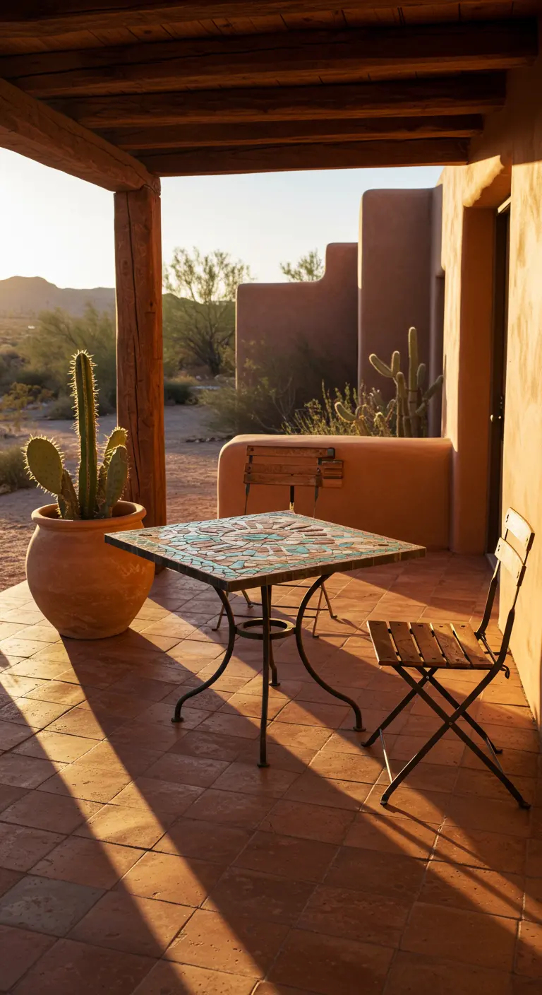 Mosaic bistro table on a terracotta tiled porch at sunset with a potted cactus.