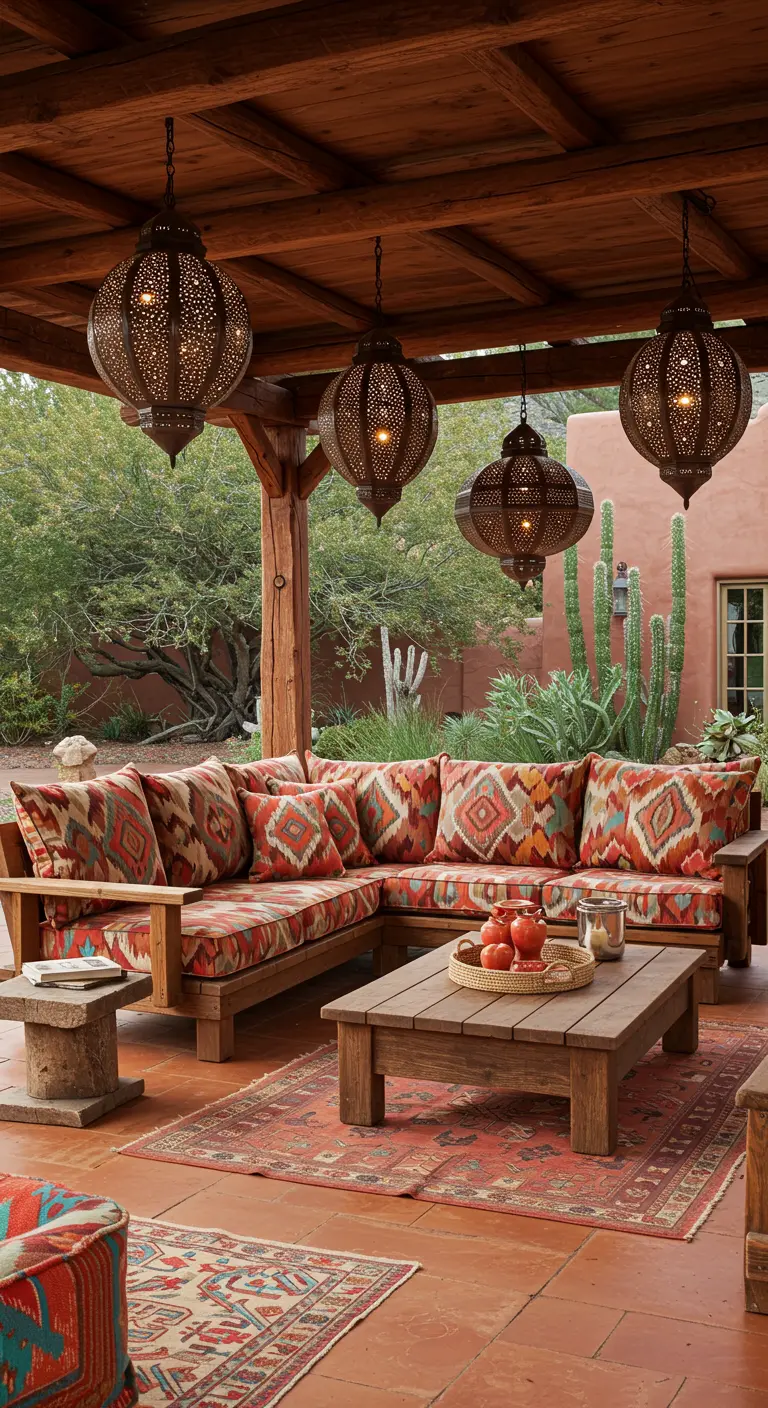 Patio with Southwestern patterned cushions, a layered rug, and ornate hanging metal lanterns.