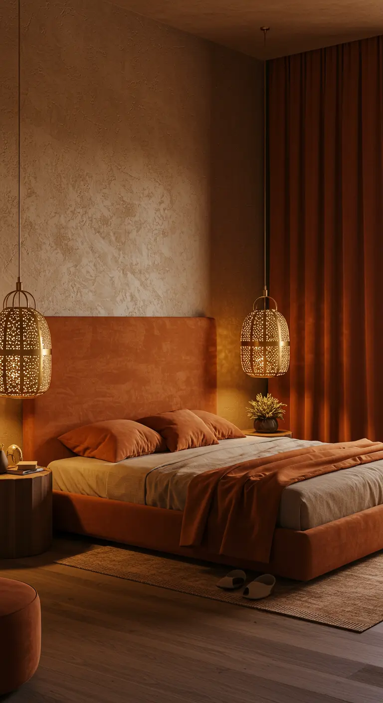 Bedroom with a terracotta velvet bed, textured walls, and intricate gold pendant lights.