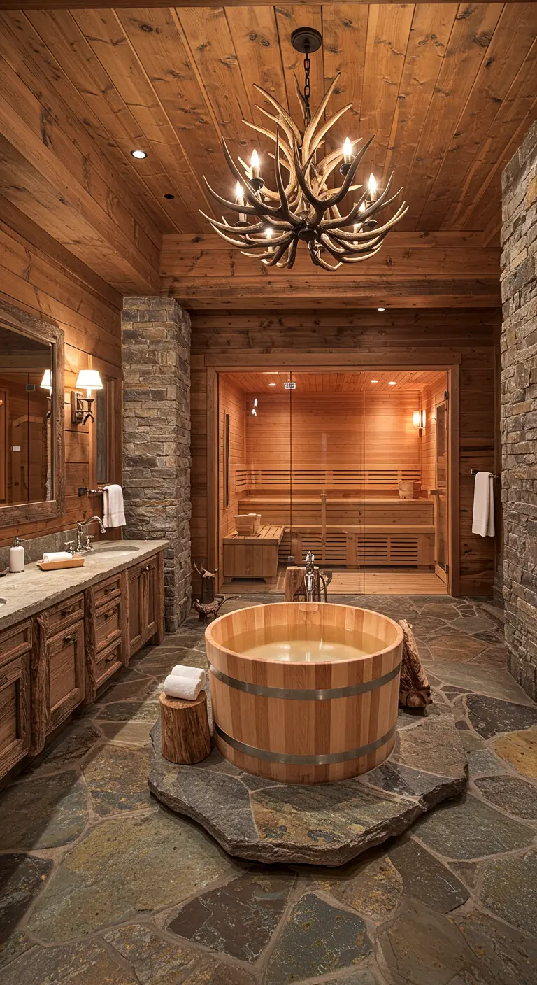 Lodge-style bathroom with a wooden soaking tub, stone floors, and a glass-enclosed sauna.